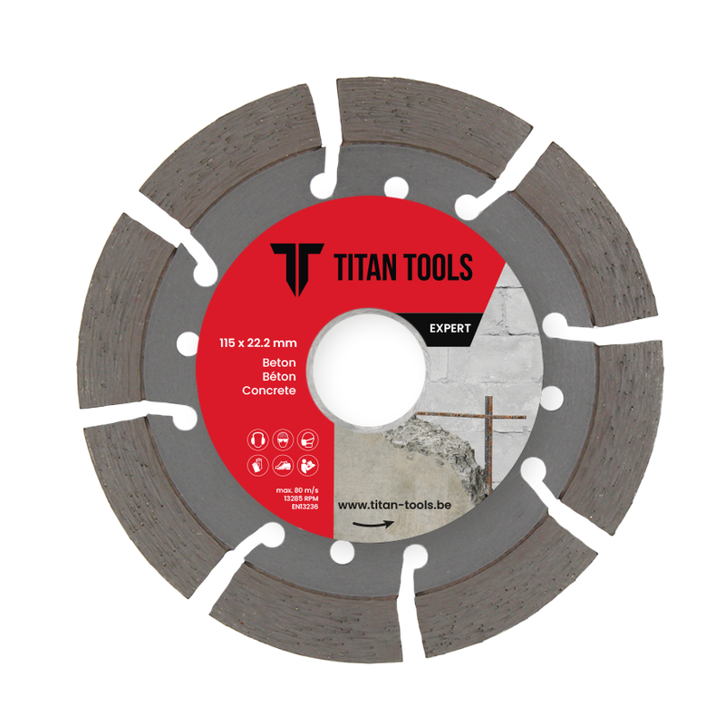 Professionele diamantschijf beton van Titan Tools met een diameter van 115 mm voor effectief snijden van beton