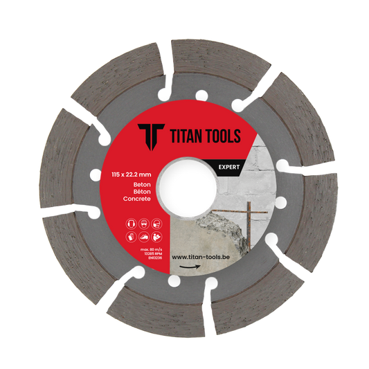 Professionele diamantschijf beton van Titan Tools met een diameter van 115 mm voor effectief snijden van beton
